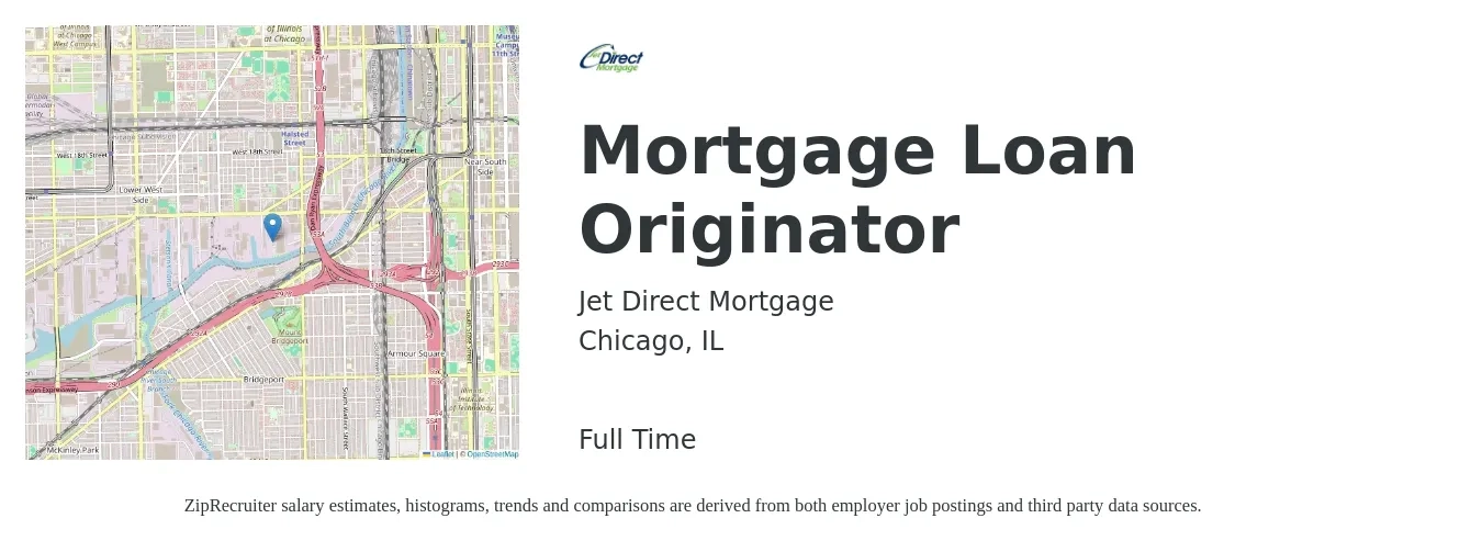 Jet Direct Mortgage job posting for a Mortgage Loan Originator in Chicago, IL with a salary of $16 to $45 Hourly with a map of Chicago location.