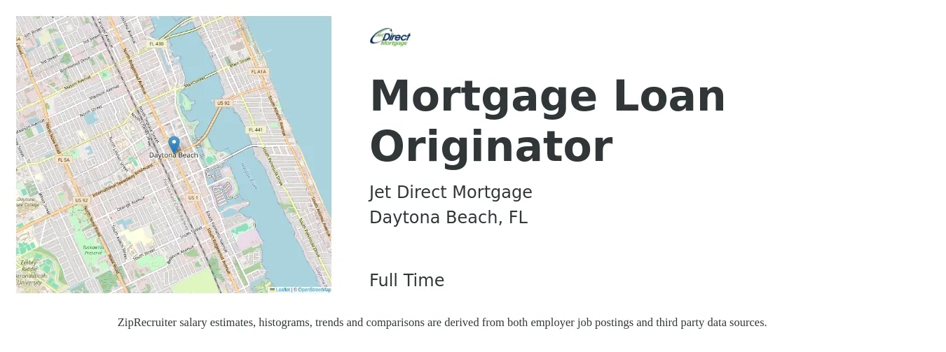 Jet Direct Mortgage job posting for a Mortgage Loan Originator in Daytona Beach, FL with a salary of $15 to $43 Hourly with a map of Daytona Beach location.
