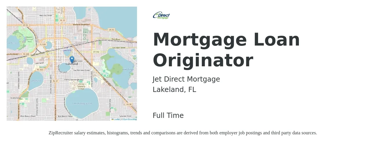 Jet Direct Mortgage job posting for a Mortgage Loan Originator in Lakeland, FL with a salary of $14 to $42 Hourly with a map of Lakeland location.