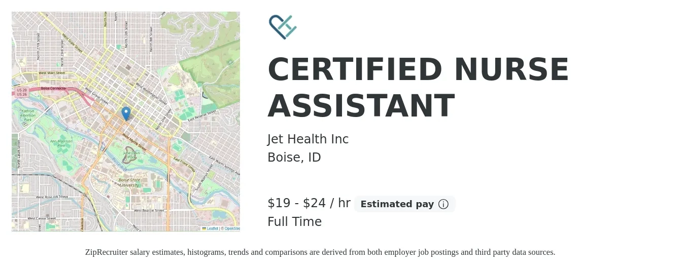 Jet Health job posting for a CERTIFIED NURSE ASSISTANT in Boise, ID with a salary of $16 to $23 Hourly with a map of Boise location.