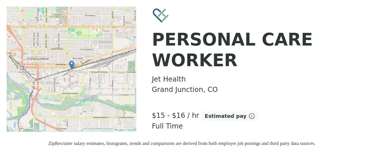 Jet Health job posting for a PERSONAL CARE WORKER in Grand Junction, CO with a salary of $16 to $17 Hourly with a map of Grand Junction location.
