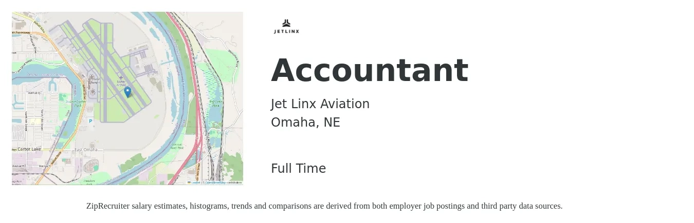 Jet Linx Aviation job posting for a Accountant in Omaha, NE with a salary of $51,200 to $75,100 Yearly with a map of Omaha location.