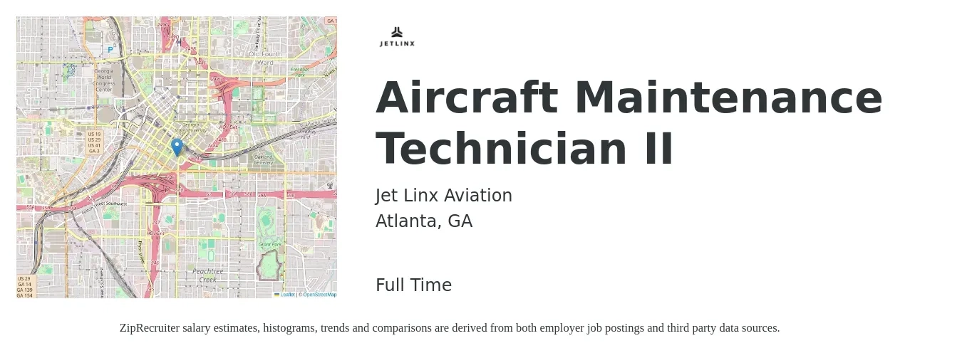 Jet Linx Aviation job posting for a Aircraft Maintenance Technician II in Atlanta, GA with a salary of $31 to $40 Hourly with a map of Atlanta location.