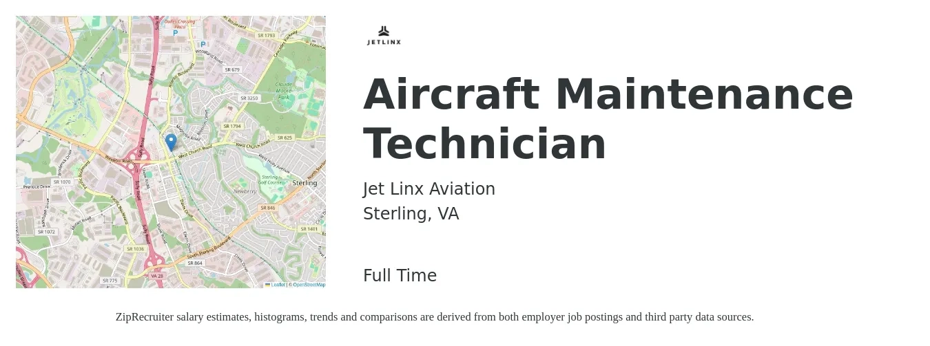 Jet Linx Aviation job posting for a Aircraft Maintenance Technician in Sterling, VA with a salary of $32 to $41 Hourly with a map of Sterling location.