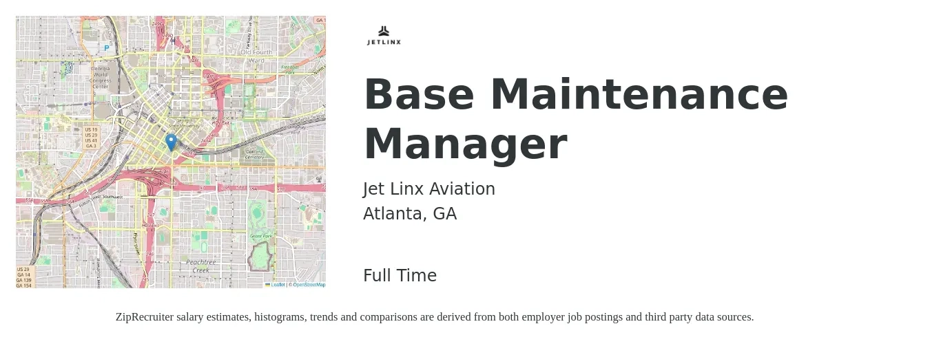 Jet Linx Aviation job posting for a Base Maintenance Manager in Atlanta, GA with a salary of $24 to $39 Hourly with a map of Atlanta location.