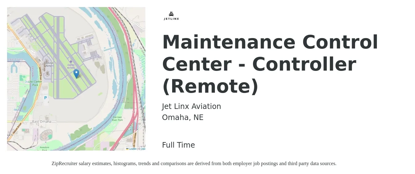 Jet Linx Aviation job posting for a Maintenance Control Center - Controller (Remote) in Omaha, NE with a salary of $35 to $44 Hourly with a map of Omaha location.