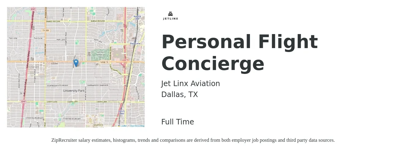 Jet Linx Aviation job posting for a Personal Flight Concierge in Dallas, TX with a salary of $14 to $18 Hourly with a map of Dallas location.