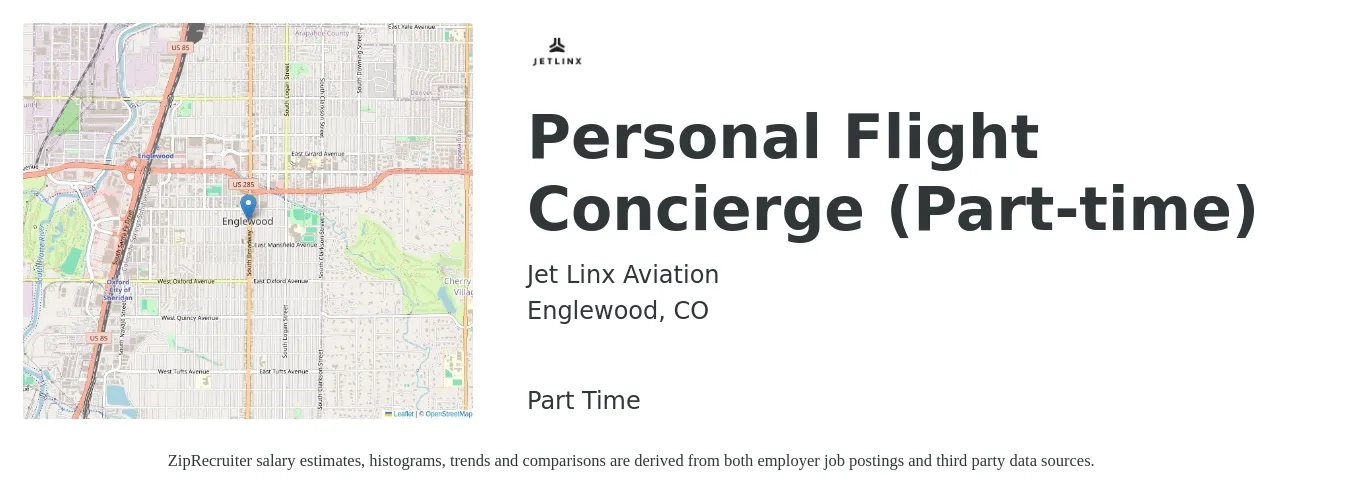 Jet Linx Aviation job posting for a Personal Flight Concierge (Part-time) in Englewood, CO with a salary of $15 to $20 Hourly with a map of Englewood location.