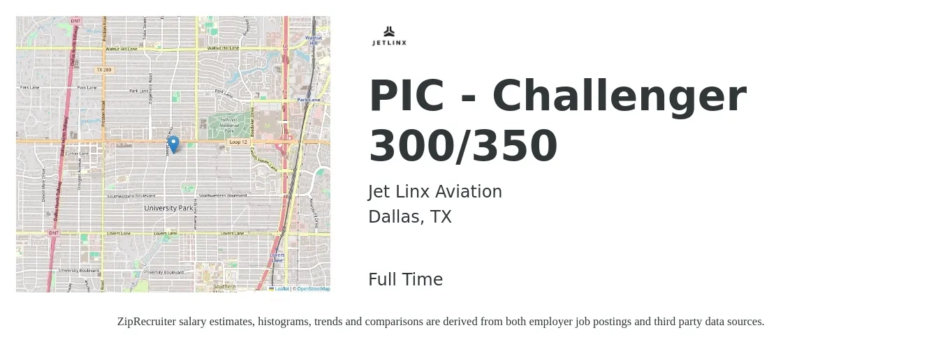 Jet Linx Aviation job posting for a PIC - Challenger 300/350 in Dallas, TX with a salary of $91,500 to $141,800 Yearly with a map of Dallas location.
