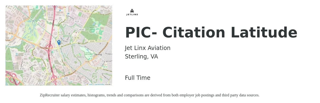 Jet Linx Aviation job posting for a PIC- Citation Latitude in Sterling, VA with a salary of $82,300 to $130,800 Yearly with a map of Sterling location.