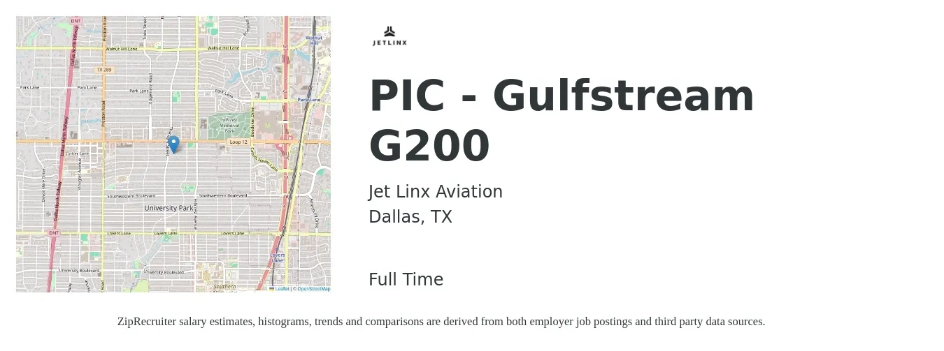 Jet Linx Aviation job posting for a PIC - Gulfstream G200 in Dallas, TX with a salary of $91,500 to $141,800 Yearly with a map of Dallas location.