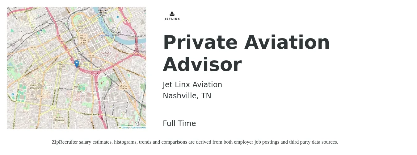Jet Linx Aviation job posting for a Private Aviation Advisor in Nashville, TN with a salary of $18 to $28 Hourly with a map of Nashville location.