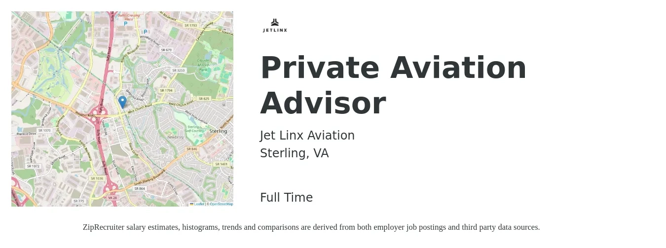 Jet Linx Aviation job posting for a Private Aviation Advisor in Sterling, VA with a salary of $20 to $31 Hourly with a map of Sterling location.