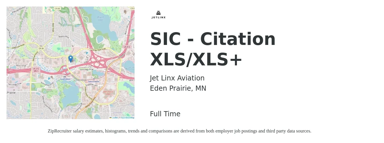 Jet Linx Aviation job posting for a SIC - Citation XLS/XLS+ in Eden Prairie, MN with a salary of $91,800 to $114,200 Yearly with a map of Eden Prairie location.