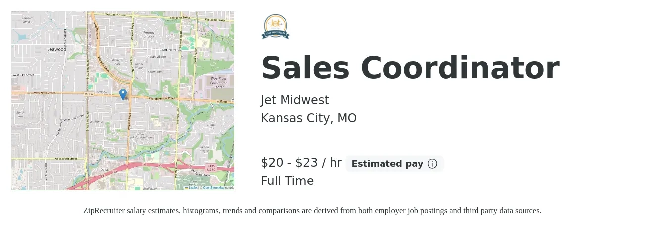 Jet Midwest job posting for a Sales Coordinator in Kansas City, MO with a salary of $21 to $24 Hourly with a map of Kansas City location.