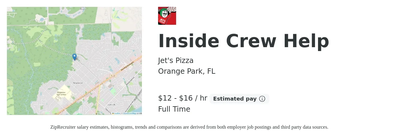 Jet's Pizza job posting for a Inside Crew Help in Orange Park, FL with a salary of $13 to $17 Hourly with a map of Orange Park location.