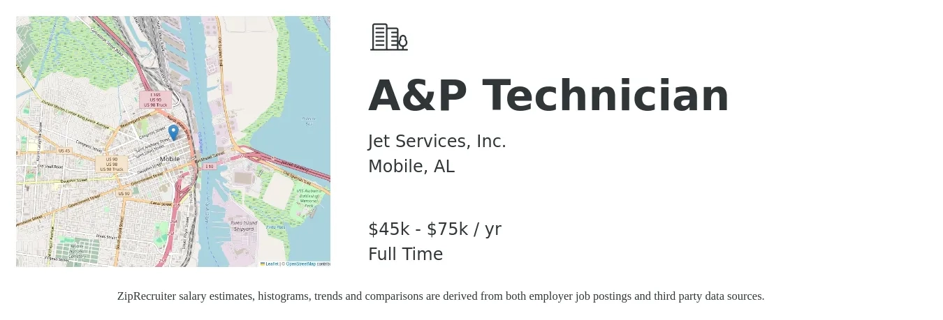 Jet Services, Inc. job posting for a A&P Technician in Mobile, AL with a salary of $45,000 to $75,000 Yearly with a map of Mobile location.