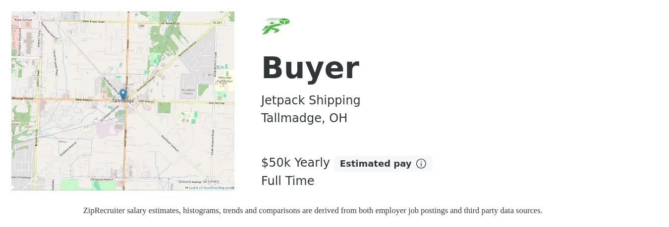 Jetpack Shipping job posting for a Buyer in Tallmadge, OH with a salary of $50,000 Yearly with a map of Tallmadge location.