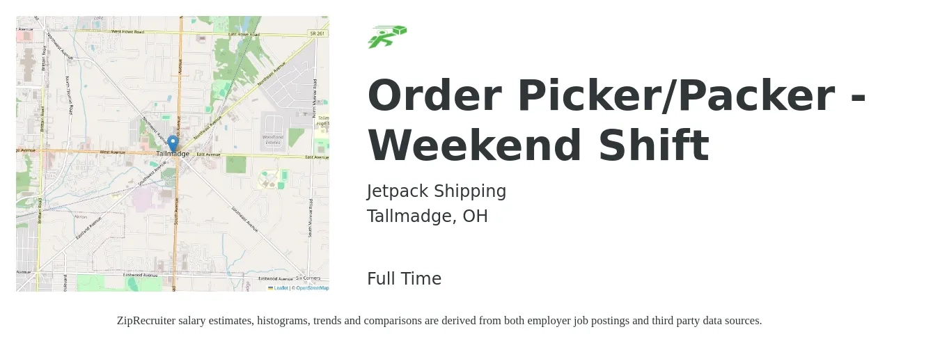 Jetpack Shipping job posting for a Order Picker/Packer - Weekend Shift in Tallmadge, OH with a salary of $14 to $16 Hourly with a map of Tallmadge location.