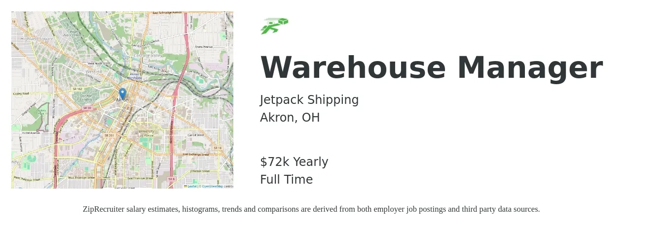 Jetpack Shipping job posting for a Warehouse Manager in Akron, OH with a salary of $72,500 Yearly with a map of Akron location.