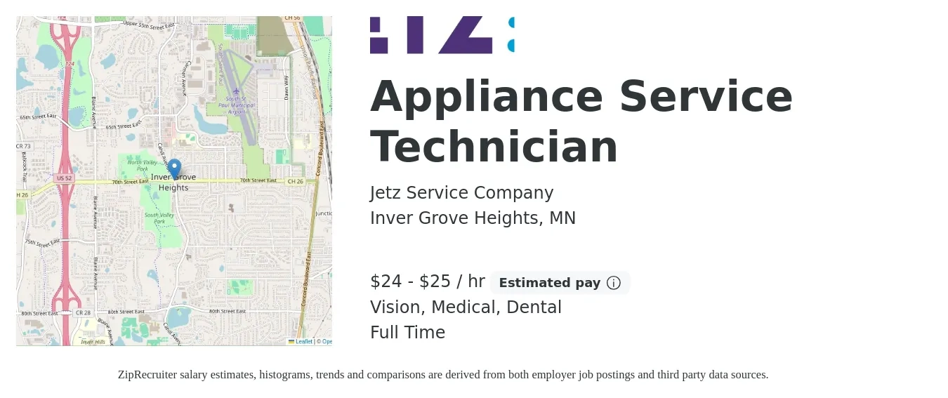 Jetz Service Company job posting for a Appliance Service Technician in Inver Grove Heights, MN with a salary of $22 to $25 Hourly and benefits including dental, life_insurance, medical, retirement, and vision with a map of Inver Grove Heights location.