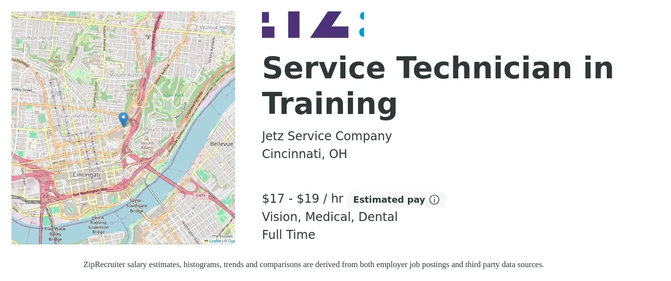 Jetz Service Company job posting for a Service Technician in Training in Cincinnati, OH with a salary of $18 to $20 Hourly and benefits including dental, life_insurance, medical, retirement, and vision with a map of Cincinnati location.