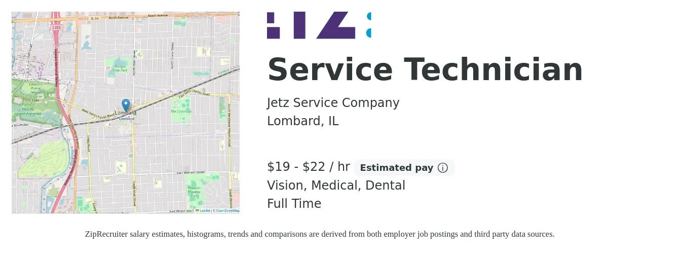 Jetz Service Company job posting for a Service Technician in Lombard, IL with a salary of $20 to $23 Hourly and benefits including dental, life_insurance, medical, retirement, and vision with a map of Lombard location.