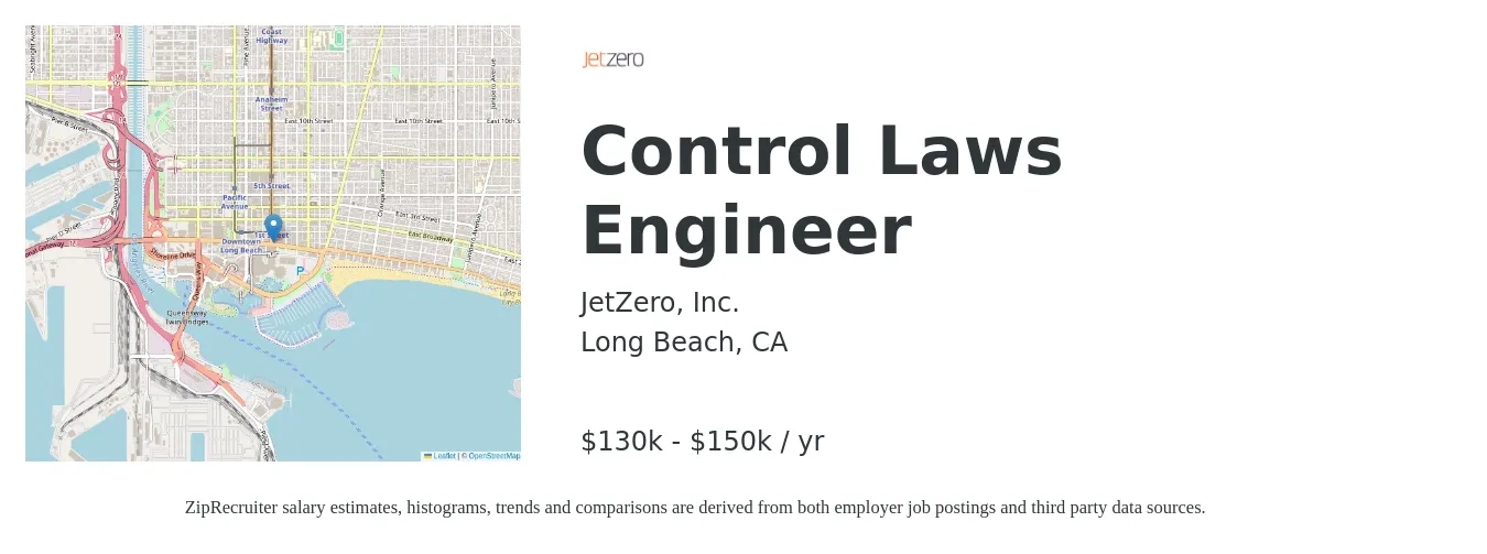 JetZero, Inc. job posting for a Control Laws Engineer in Long Beach, CA with a salary of $130,000 to $150,000 Yearly with a map of Long Beach location.