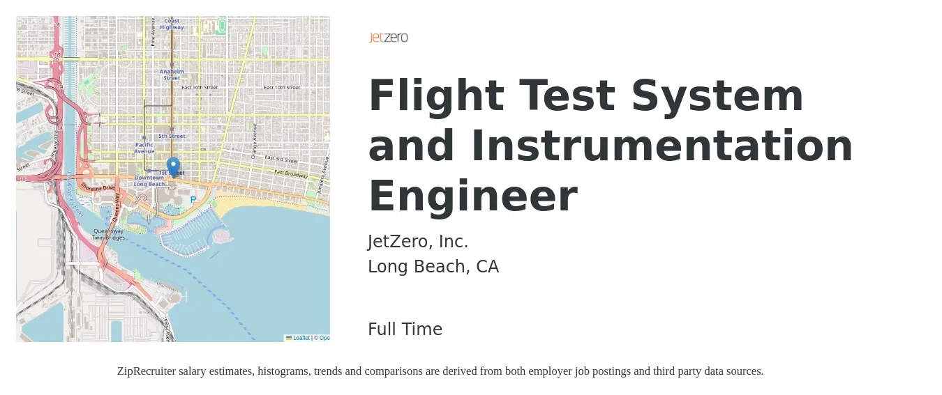 JetZero, Inc. job posting for a Flight Test System and Instrumentation Engineer in Long Beach, CA with a salary of $114,800 to $174,200 Yearly with a map of Long Beach location.