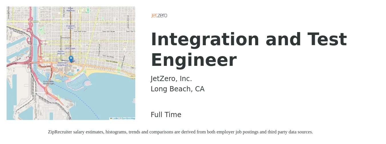 JetZero, Inc. job posting for a Integration and Test Engineer in Long Beach, CA with a salary of $150,000 to $180,000 Yearly with a map of Long Beach location.