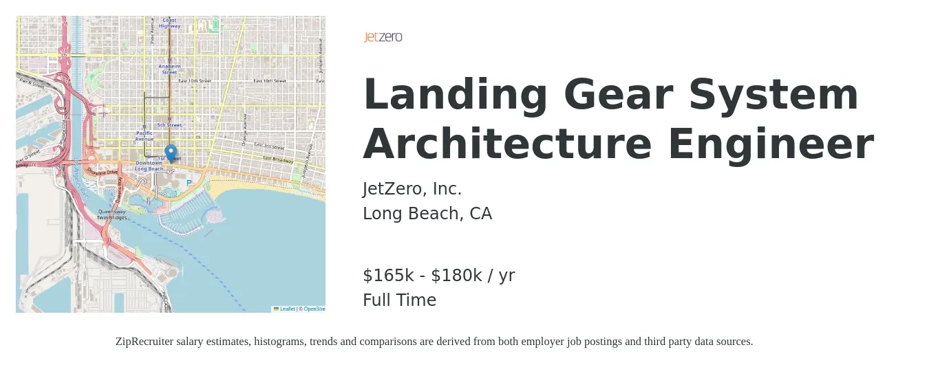 JetZero, Inc. job posting for a Landing Gear System Architecture Engineer in Long Beach, CA with a salary of $165,000 to $180,000 Yearly with a map of Long Beach location.