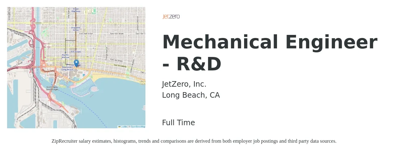 JetZero, Inc. job posting for a Mechanical Engineer - R&D in Long Beach, CA with a salary of $85,700 to $133,000 Yearly with a map of Long Beach location.