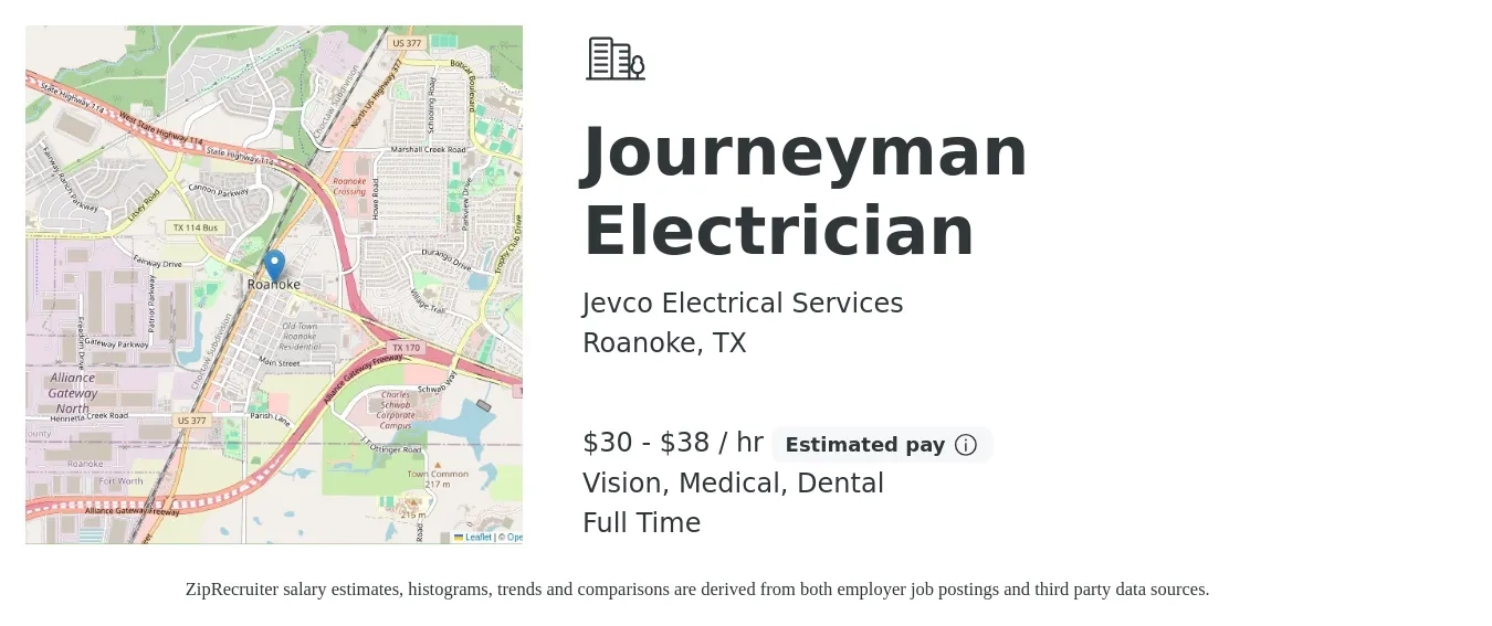 Jevco Electrical Services job posting for a Journeyman Electrician in Roanoke, TX with a salary of $32 to $40 Hourly and benefits including vision, dental, life_insurance, medical, pto, and retirement with a map of Roanoke location.