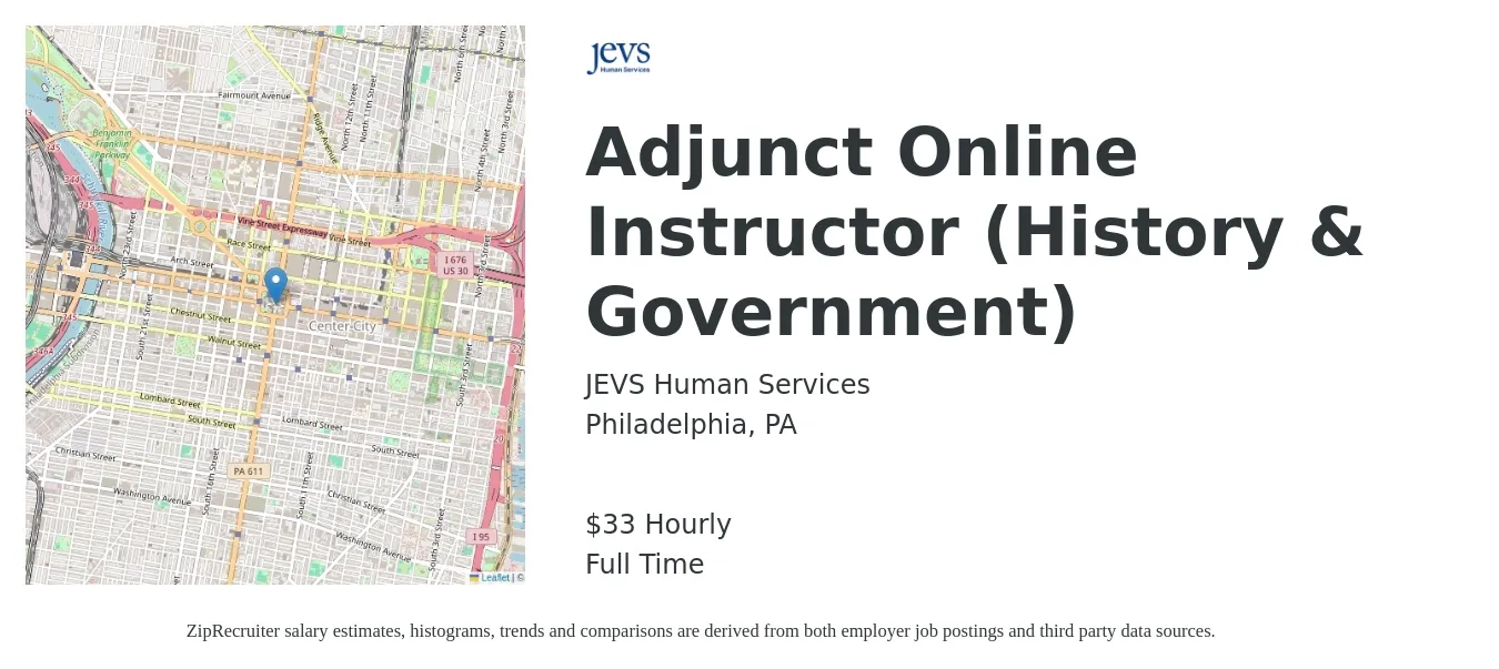 JEVS Human Services job posting for a Adjunct Online Instructor (History & Government) in Philadelphia, PA with a salary of $35 Hourly with a map of Philadelphia location.