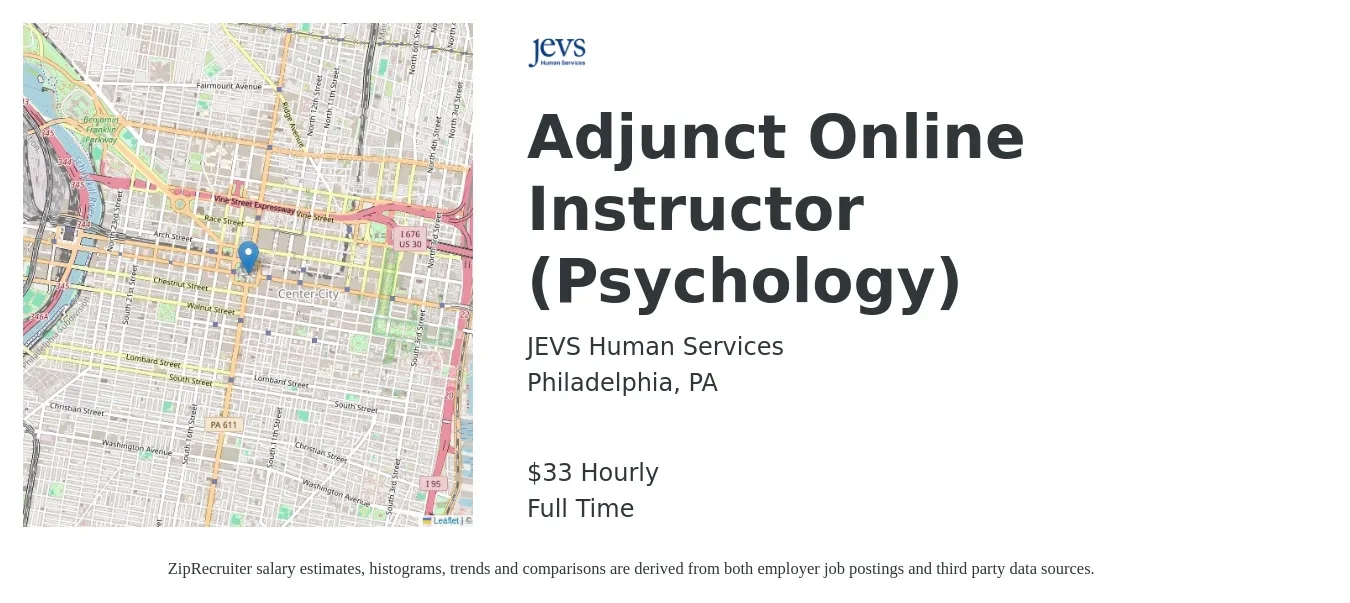JEVS Human Services job posting for a Adjunct Online Instructor (Psychology) in Philadelphia, PA with a salary of $35 Hourly with a map of Philadelphia location.
