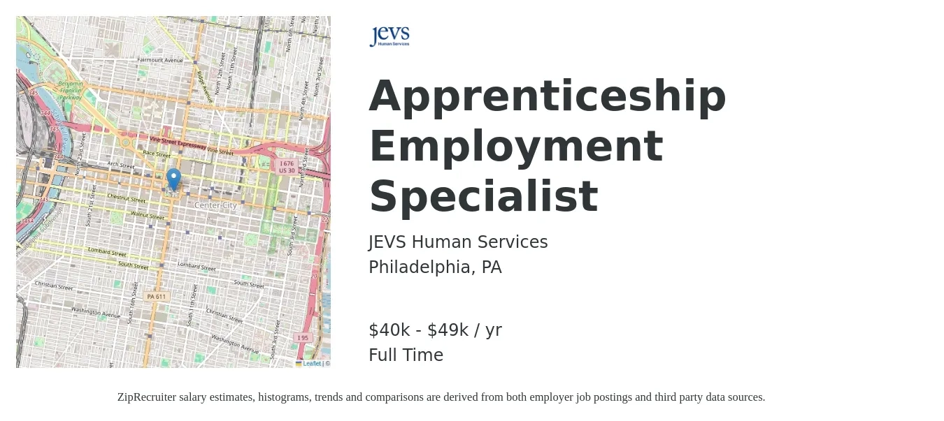 JEVS Human Services job posting for a Apprenticeship Employment Specialist in Philadelphia, PA with a salary of $40,500 to $49,500 Yearly with a map of Philadelphia location.
