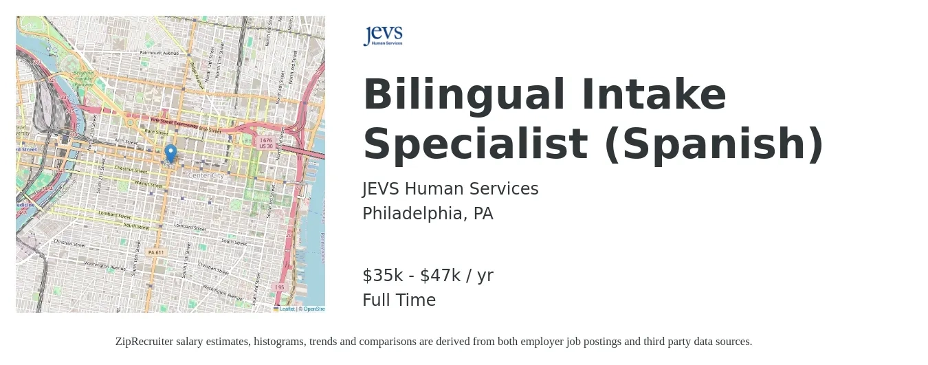 JEVS Human Services job posting for a Bilingual Intake Specialist (Spanish) in Philadelphia, PA with a salary of $35,000 to $47,500 Yearly with a map of Philadelphia location.