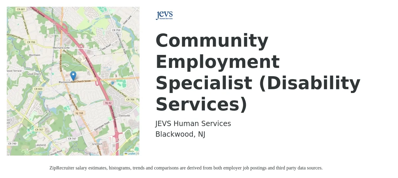 JEVS Human Services job posting for a Community Employment Specialist (Disability Services) in Blackwood, NJ with a salary of $18 to $24 Hourly with a map of Blackwood location.