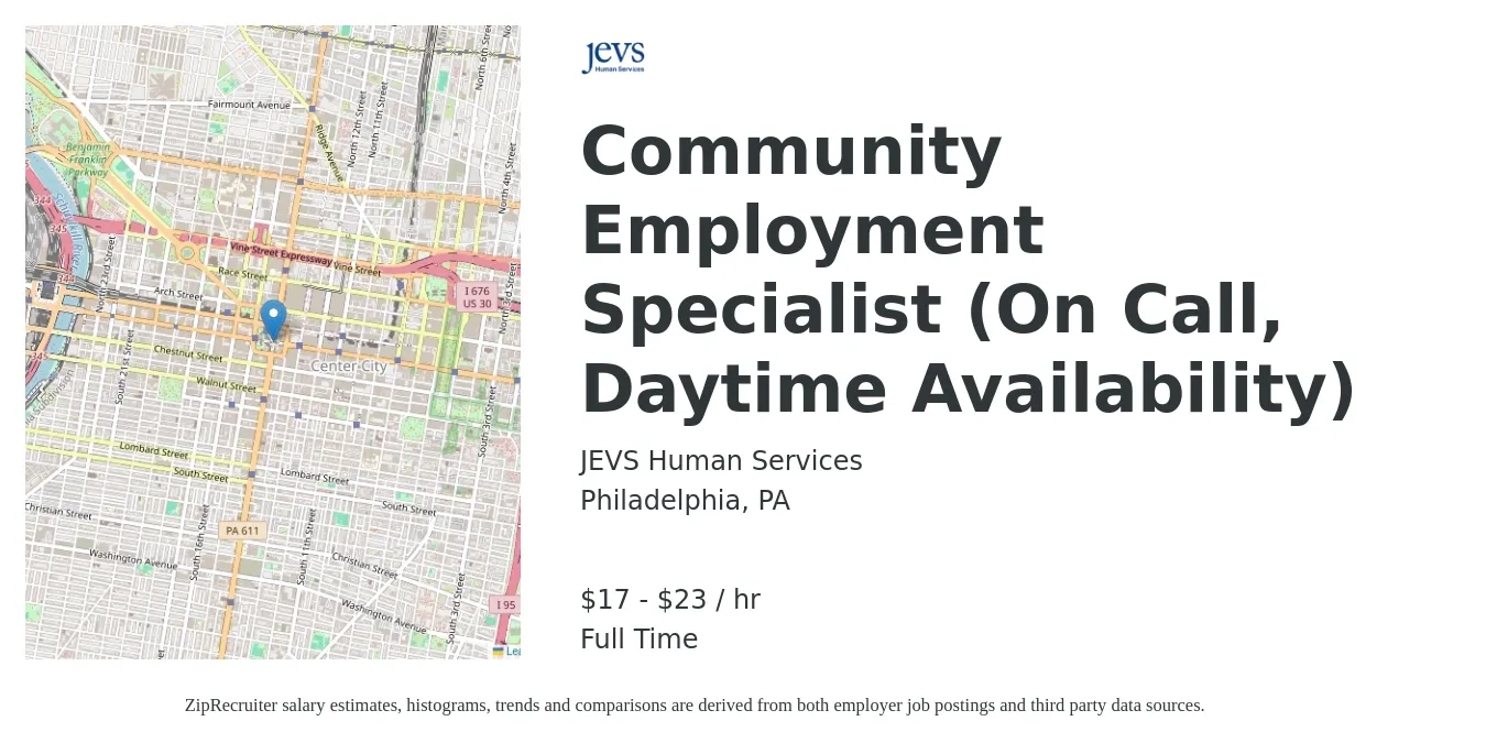 JEVS Human Services job posting for a Community Employment Specialist (On Call, Daytime Availability) in Philadelphia, PA with a salary of $18 to $24 Hourly with a map of Philadelphia location.