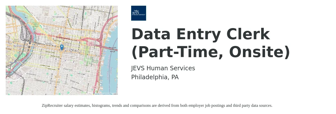 JEVS Human Services job posting for a Data Entry Clerk (Part-Time, Onsite) in Philadelphia, PA with a salary of $15 to $19 Hourly with a map of Philadelphia location.