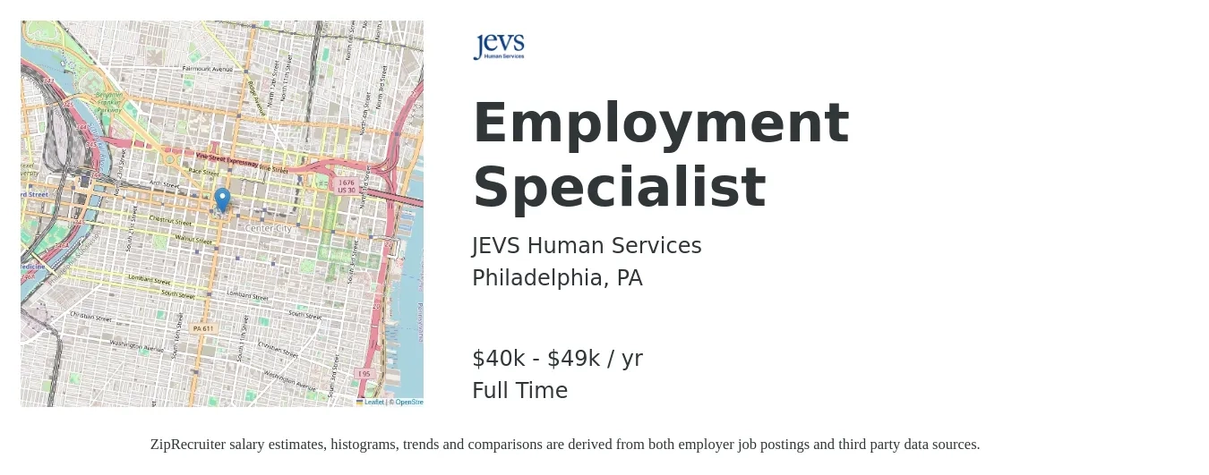 JEVS Human Services job posting for a Employment Specialist in Philadelphia, PA with a salary of $40,500 to $49,500 Yearly with a map of Philadelphia location.