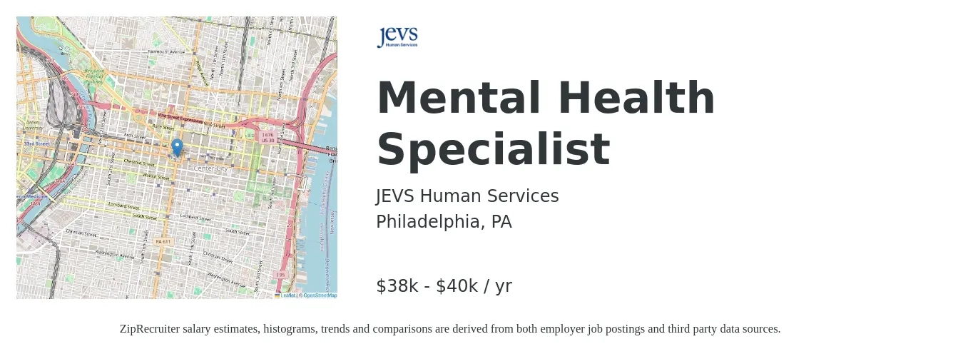 JEVS Human Services job posting for a Mental Health Specialist in Philadelphia, PA with a salary of $38,000 to $40,000 Yearly with a map of Philadelphia location.