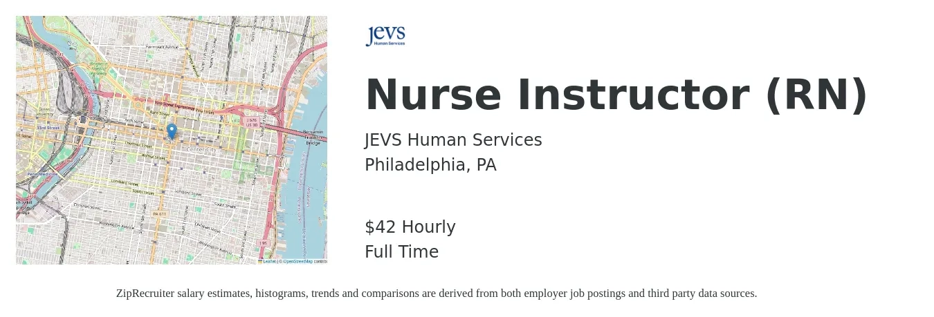 JEVS Human Services job posting for a Nurse Instructor (RN) in Philadelphia, PA with a salary of $44 Hourly with a map of Philadelphia location.