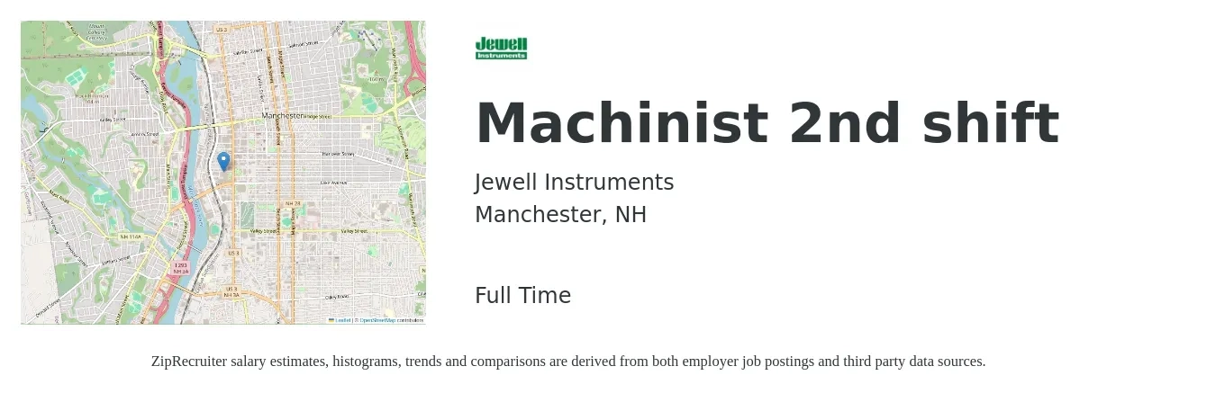 Jewell Instruments job posting for a Machinist 2nd shift in Manchester, NH with a salary of $49,000 to $62,000 Yearly and benefits including vision, dental, life_insurance, medical, pto, and retirement with a map of Manchester location.