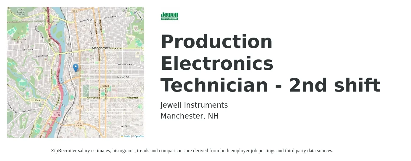 Jewell Instruments job posting for a Production Electronics Technician - 2nd shift in Manchester, NH with a salary of $48,000 to $60,000 Yearly and benefits including dental, life_insurance, medical, pto, retirement, and vision with a map of Manchester location.