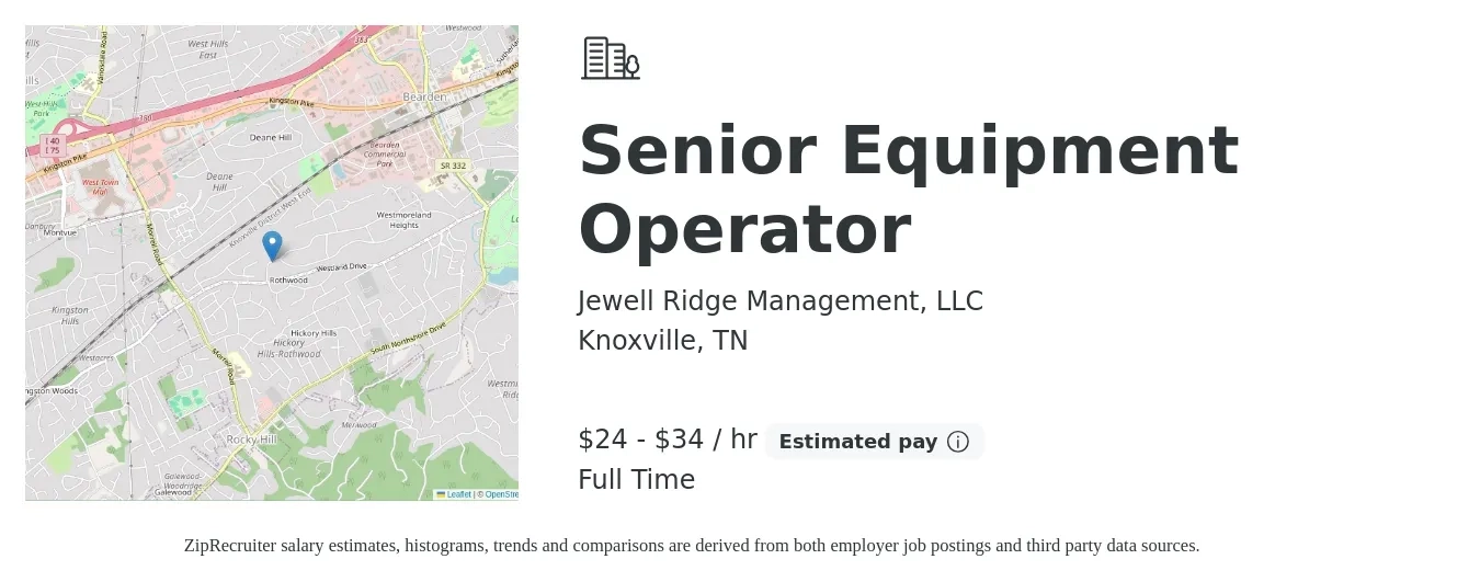 Jewell Ridge Management, LLC job posting for a Senior Equipment Operator in Knoxville, TN with a salary of $25 to $36 Hourly and benefits including pto with a map of Knoxville location.