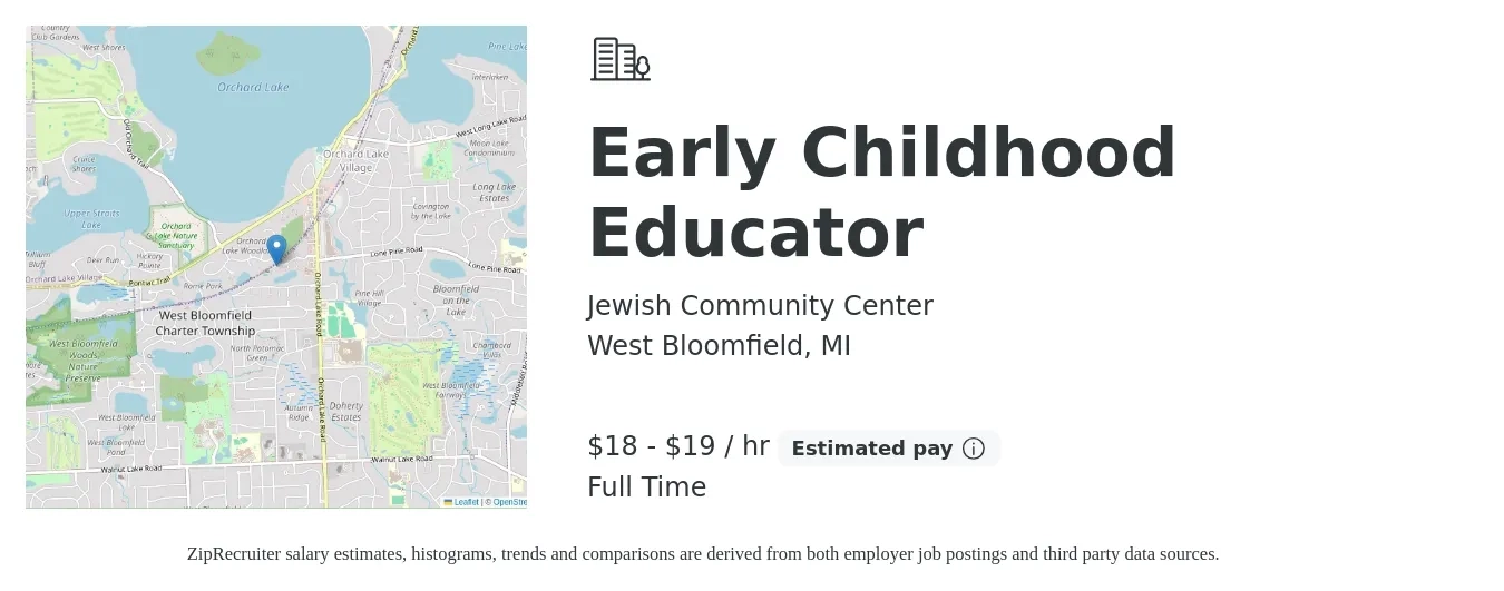 Jewish Community Center job posting for a Early Childhood Educator in West Bloomfield, MI with a salary of $19 to $20 Hourly with a map of West Bloomfield location.
