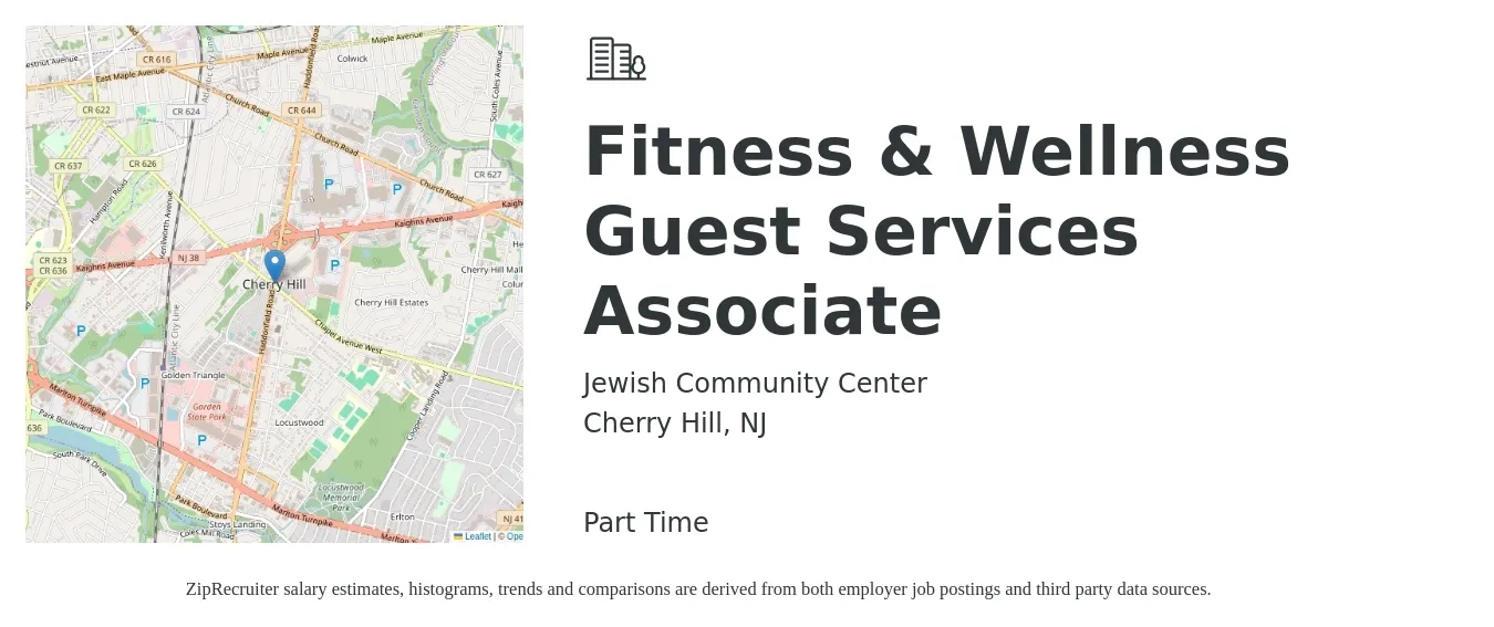 Jewish Community Center job posting for a Fitness & Wellness Guest Services Associate in Cherry Hill, NJ with a salary of $14 to $18 Hourly with a map of Cherry Hill location.