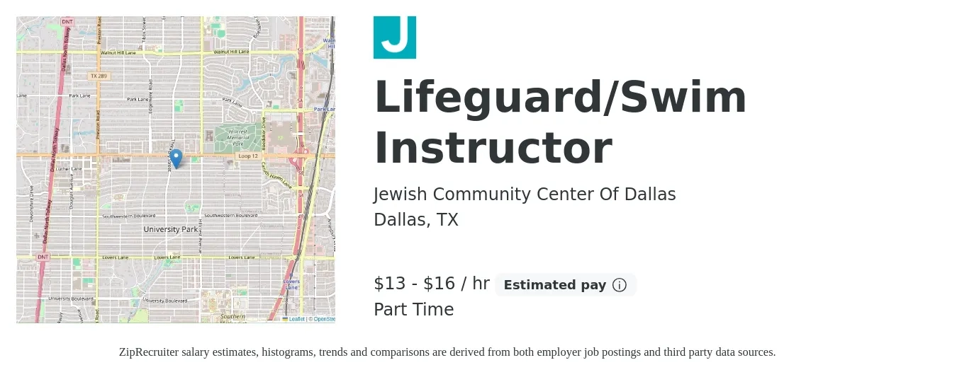 Jewish Community Center Of Dallas job posting for a Lifeguard/Swim Instructor in Dallas, TX with a salary of $14 to $17 Hourly with a map of Dallas location.