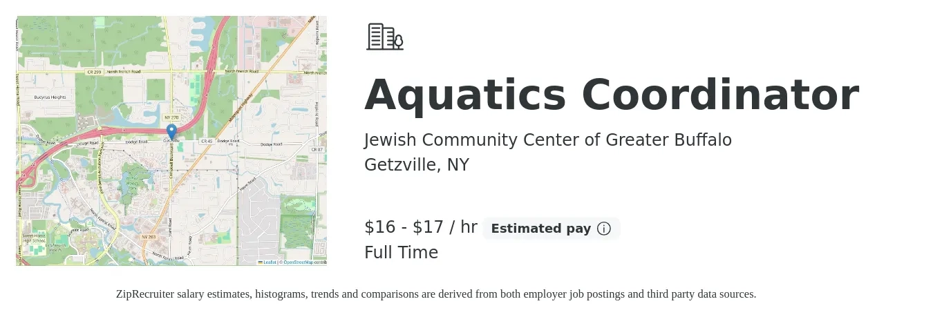 Jewish Community Center of Greater Buffalo job posting for a Aquatics Coordinator in Getzville, NY with a salary of $18 to $18 Hourly with a map of Getzville location.